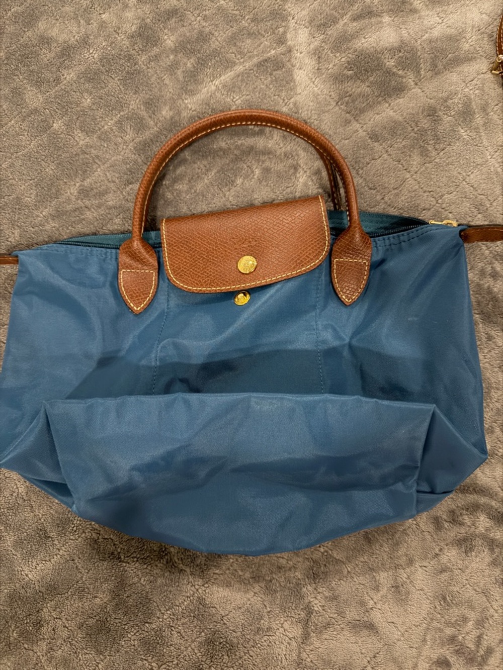 Longchamp Mini Le Pliage Blue Nylon Tote Bag with Brown Trim